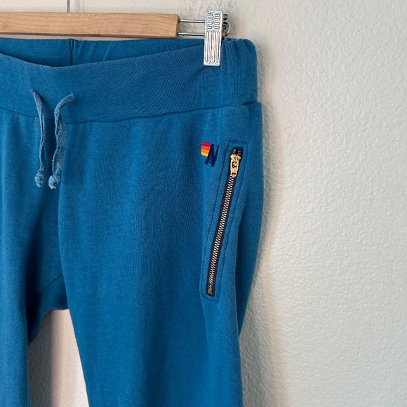 Aviator Nation Blue Joggers Zipper Pockets Size Medium Rainbow Cuffs - Picture 7 of 14